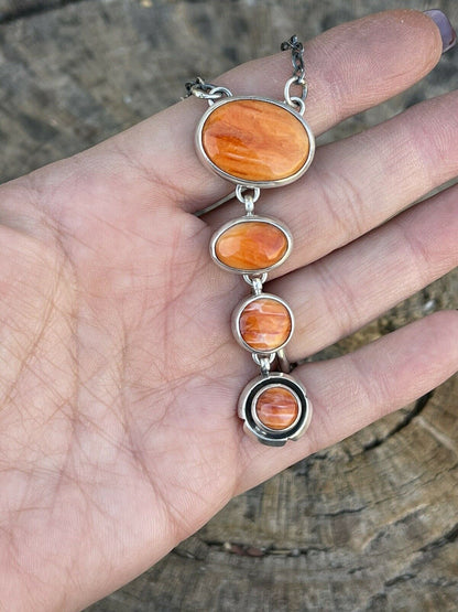 Navajo Orange Spiny Circle & Sterling Silver 4 Stone Lariat Necklace