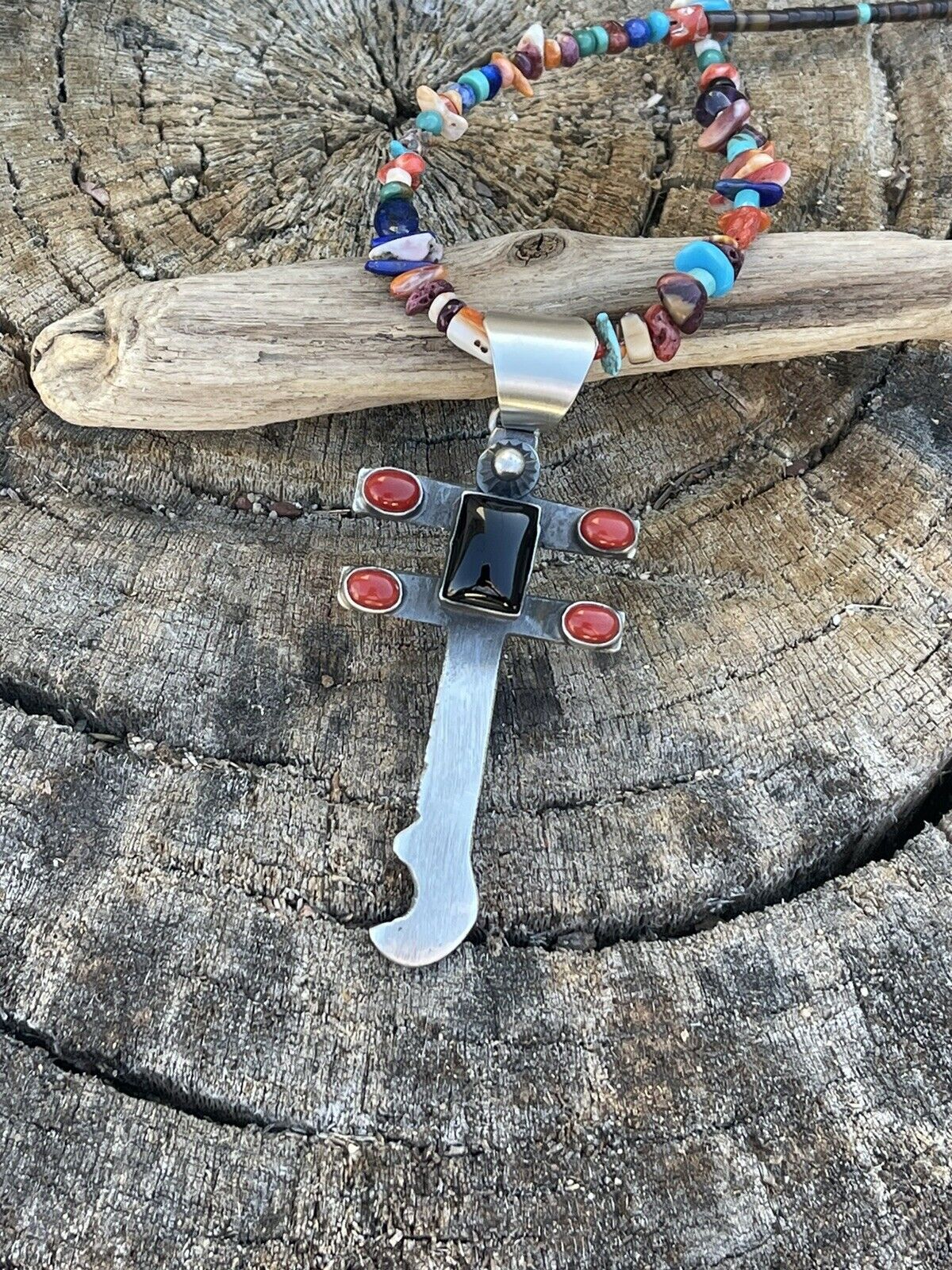 Navajo Sterling Silver Black Onyx and Coral Dragonfly Pendant By Chimney Butte