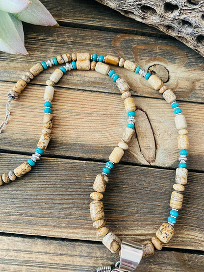 Navajo Jasper, Turquoise And Sterling Silver Beaded Necklace & Pendant Signed