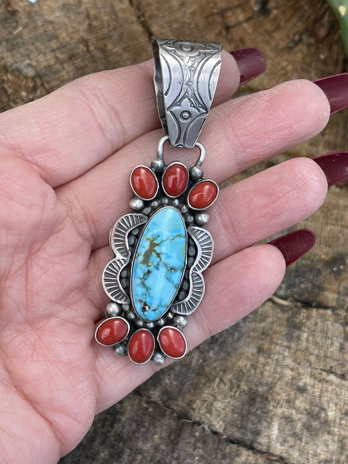 Navajo Sterling Kingman Web Turquoise & Red Coral Pendant Taos Collection