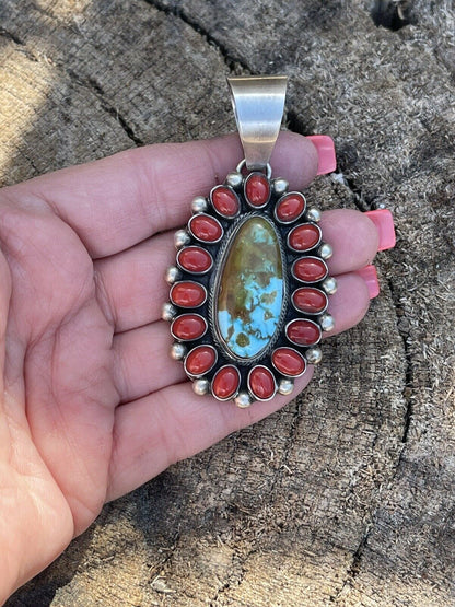 Navajo Sterling Silver Kingman Web Turquoise & Red Coral Taos Cluster Pendant