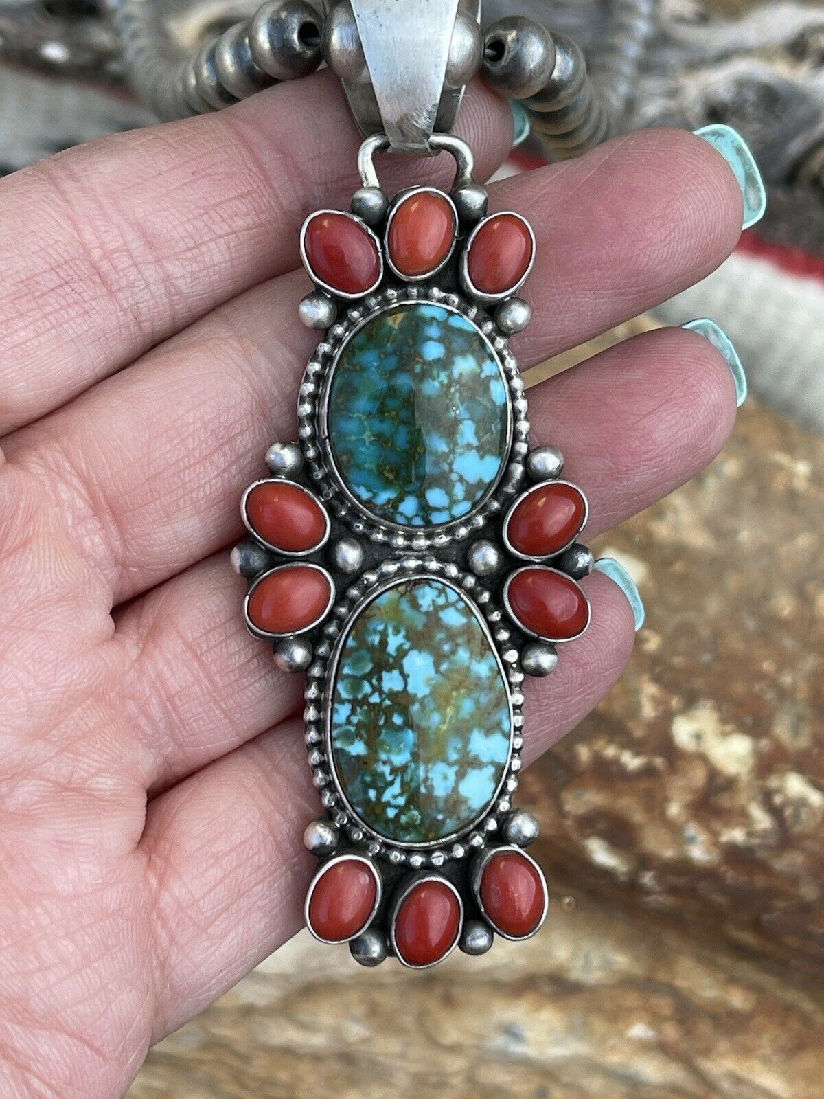 Navajo Sterling Kingman Web Turquoise & Red Coral Taos Pendant Bea Tom