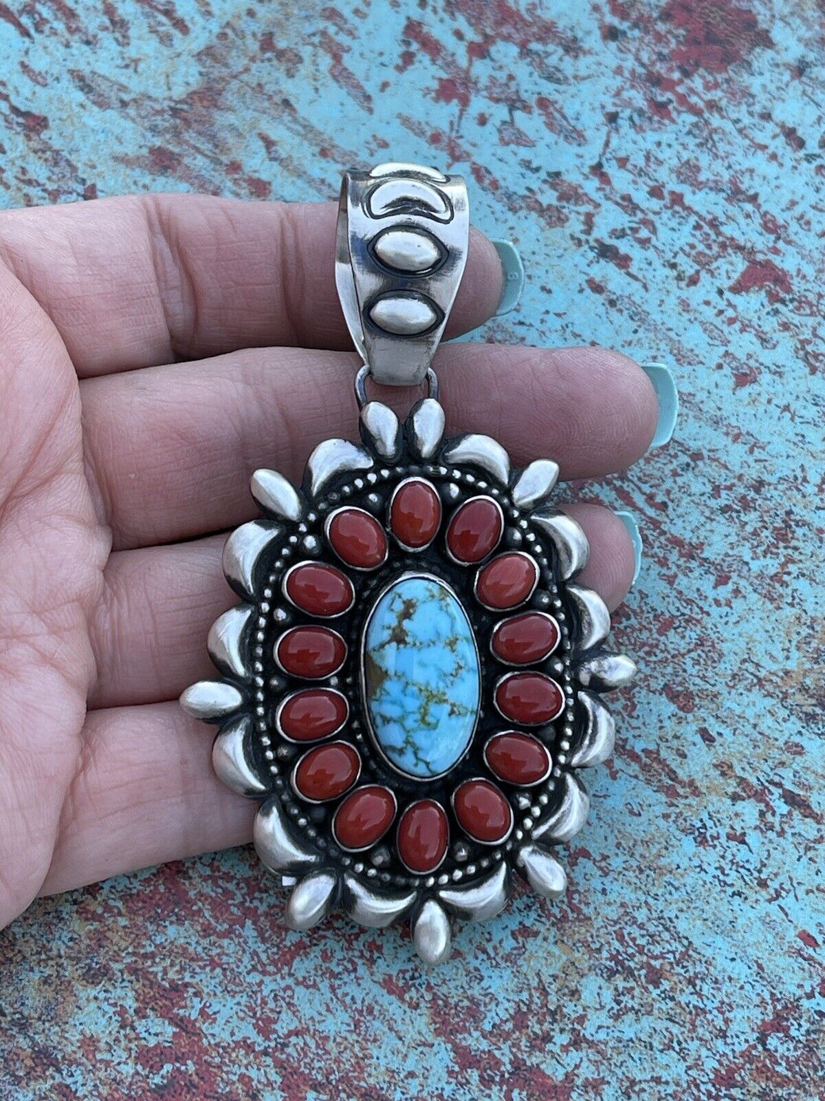 Navajo Sterling Kingman Web Turquoise & Red Coral Taos Ornate Pendant D. Clark