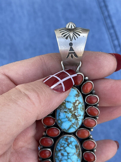 Navajo Sterling 2 Stone Kingman Web Turquoise & Red Coral Taos Pendant