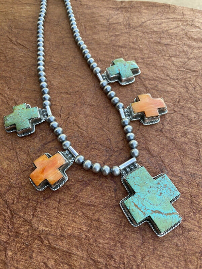 Buffalo Dancer Kingman Turquoise & Spiny Sterling Cross Beaded Necklace Signed