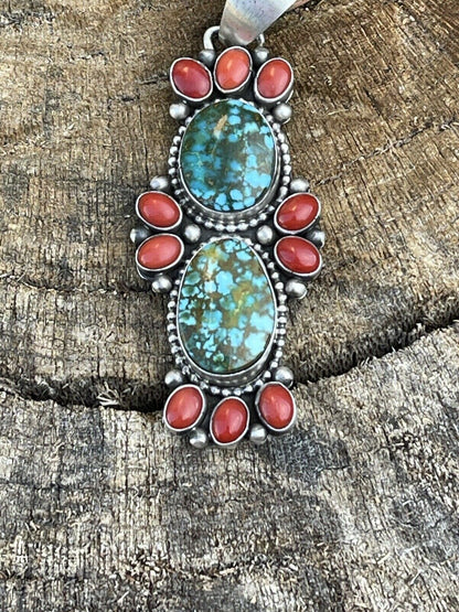 Navajo Sterling Kingman Web Turquoise & Red Coral Taos Pendant Bea Tom