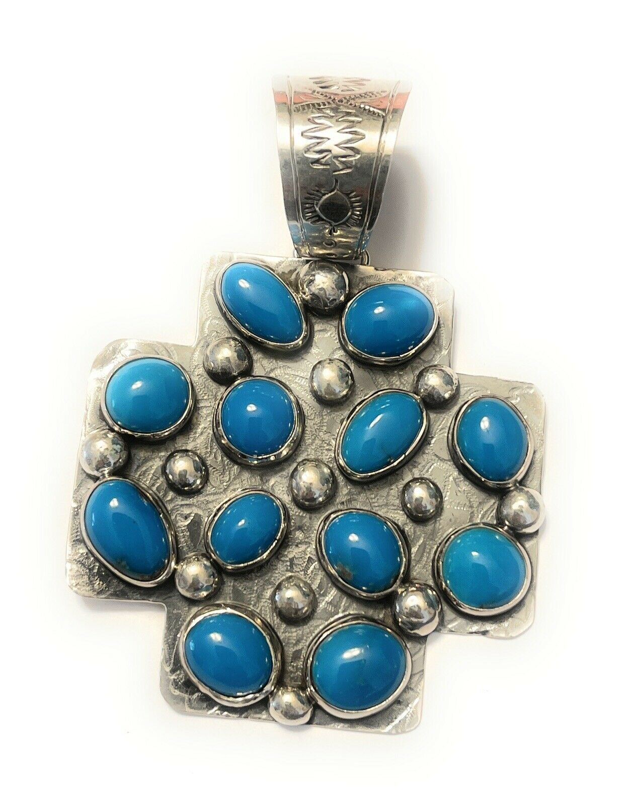 Navajo Mountain Blue Turquoise & Sterling Silver Southwest Cross Pendant Signed