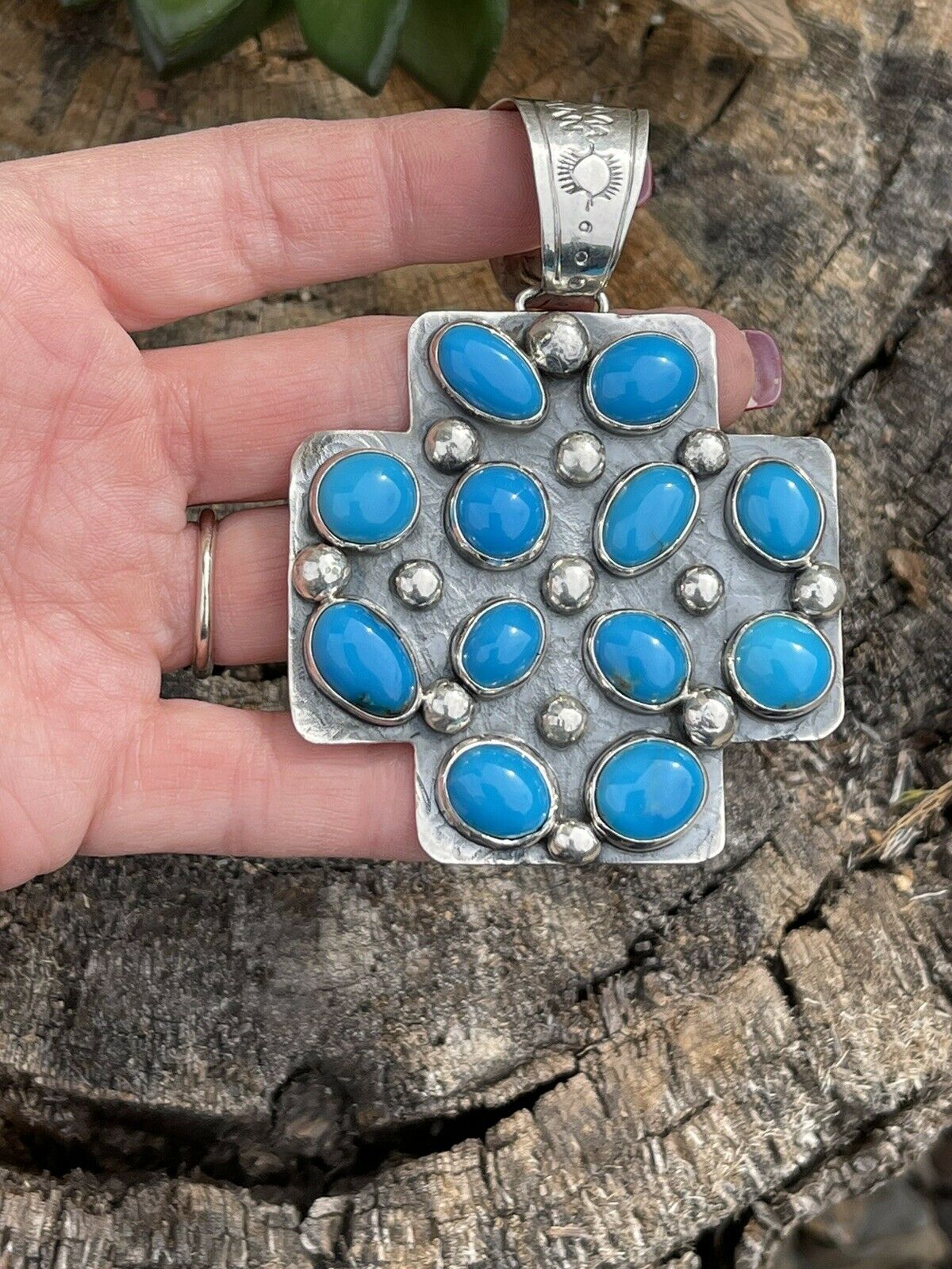 Navajo Mountain Blue Turquoise & Sterling Silver Southwest Cross Pendant Signed