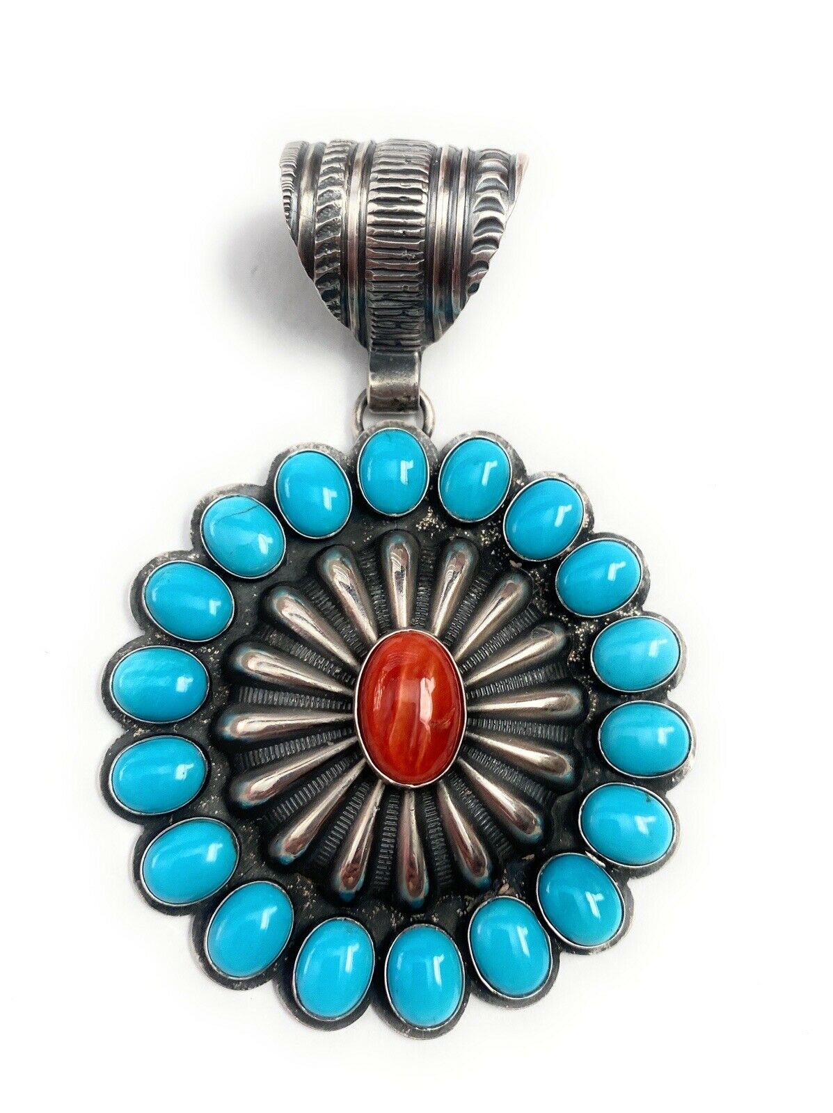 Navajo Sterling Silver, Turquoise & Red Spiny Pendant Signed