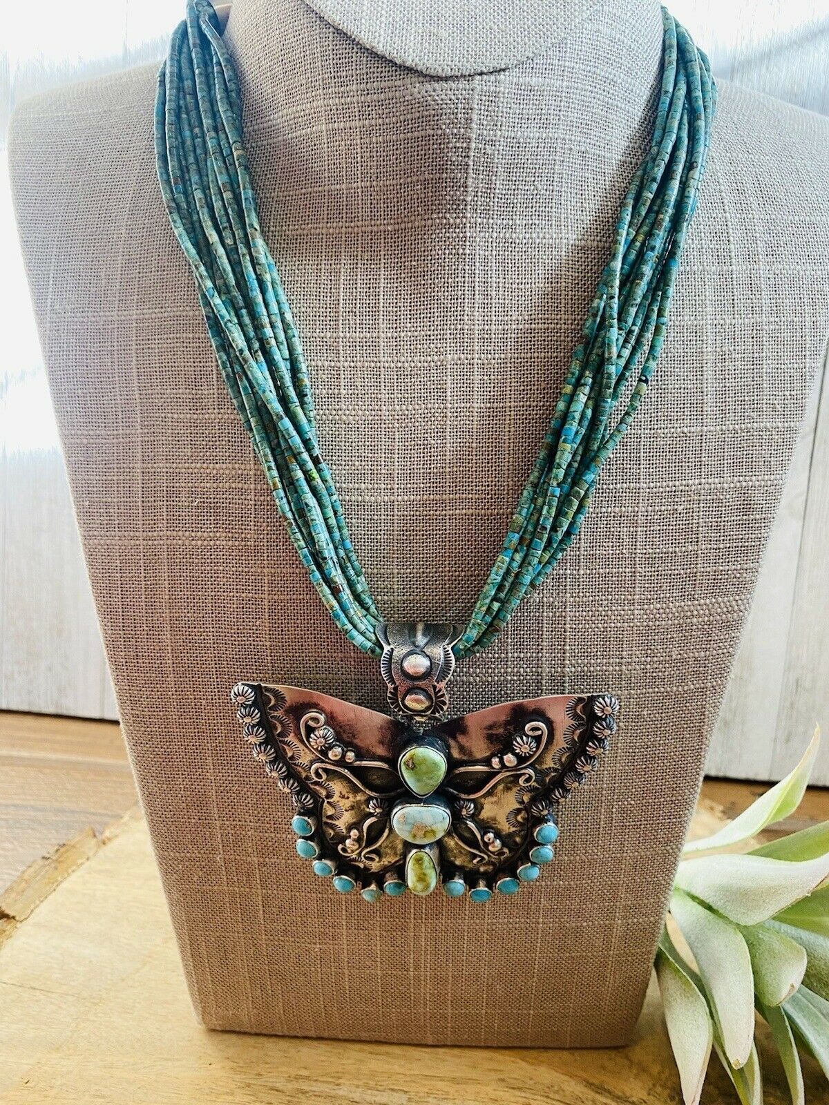 Navajo Sonoran Mountain Turquoise & Sterling Silver  Butterfly Necklace Signed