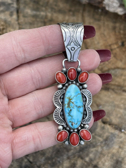 Navajo Sterling Kingman Web Turquoise & Red Coral Pendant Taos Collection