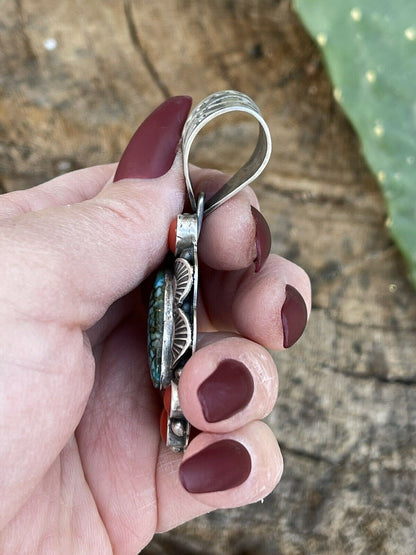 Navajo Sterling Kingman Web Turquoise & Red Coral Pendant Taos Collection