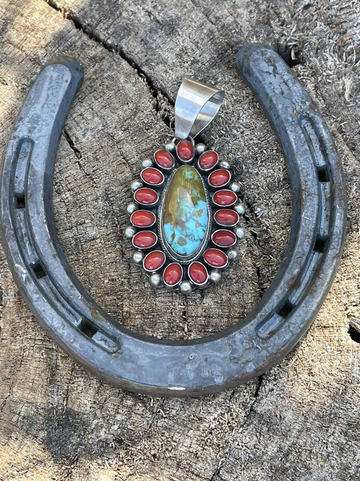 Navajo Sterling Silver Kingman Web Turquoise & Red Coral Taos Cluster Pendant