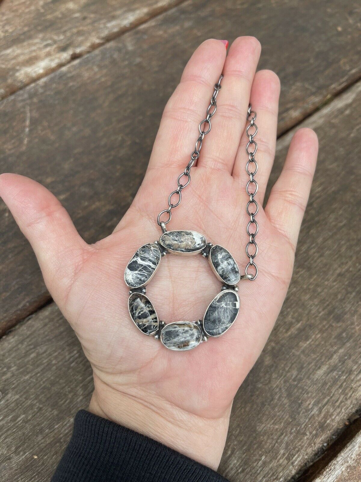 Navajo White Buffalo & Sterling Silver Circle Cluster Necklace Signed