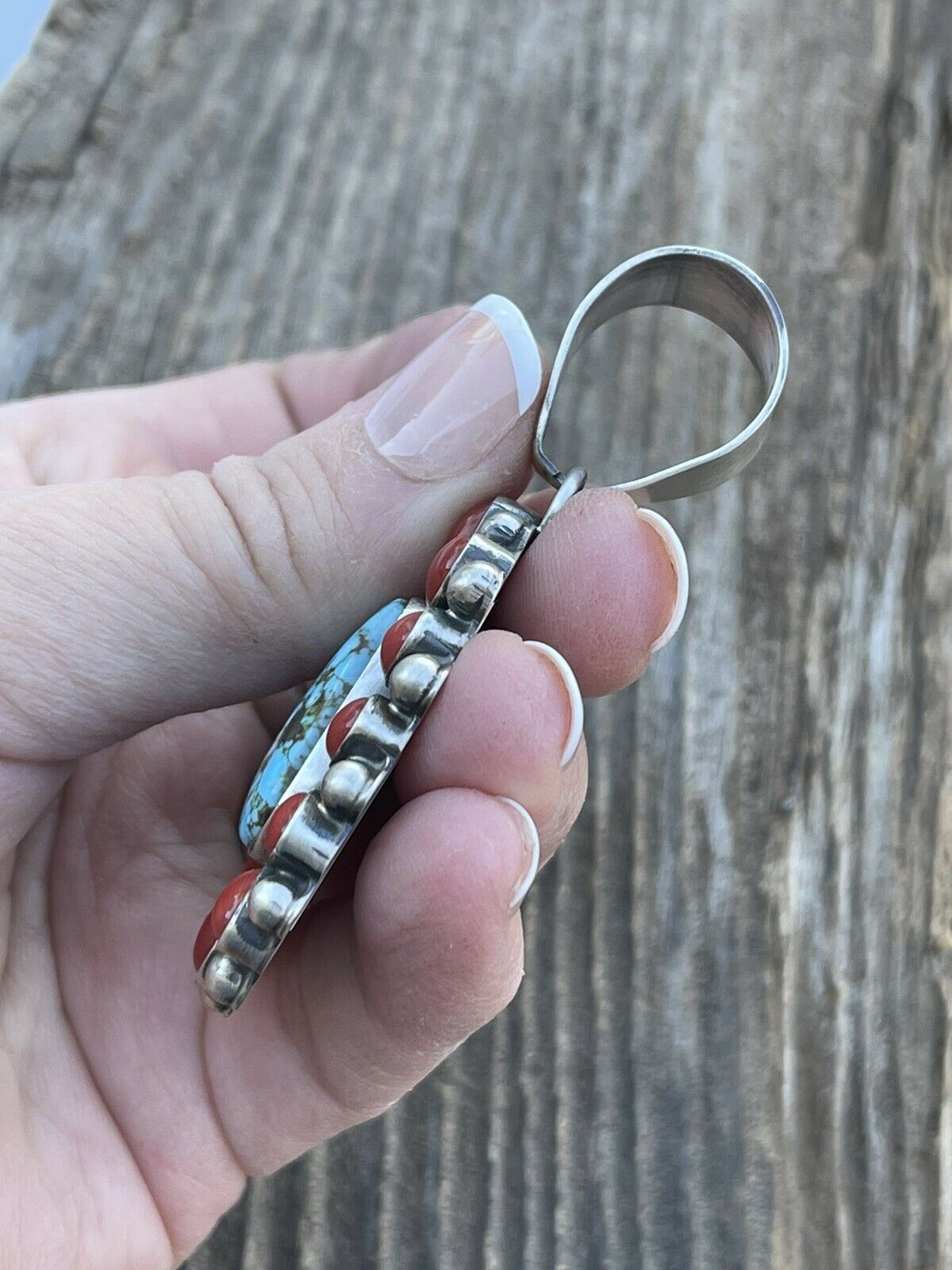 Navajo Sterling Kingman Web Turquoise & Red Coral Taos Pendant Kathleen Chavez