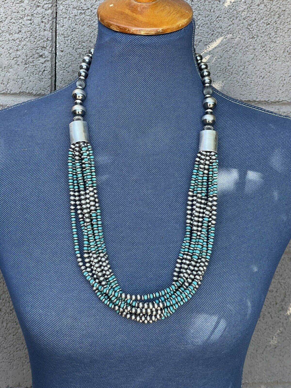 Navajo Sterling Silver & Turquoise Beaded 10 Strand Necklace