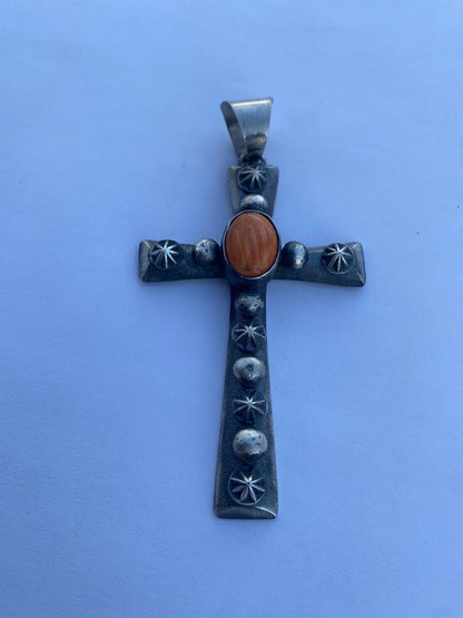 Navajo Sterling Silver & Orange Spiny Shell  Cross Pendant Chimney Butte