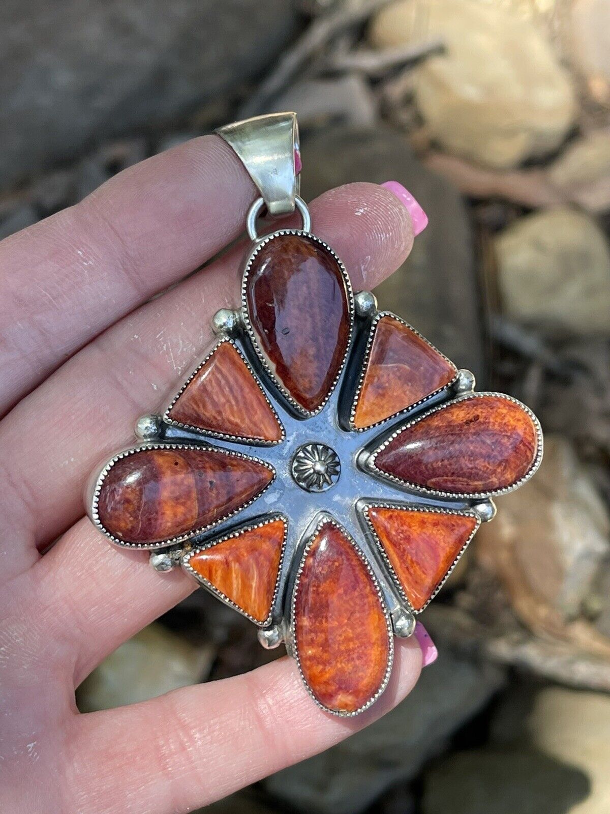 Navajo Sterling Silver Orange Spiny  Jumbo Cluster Pendant