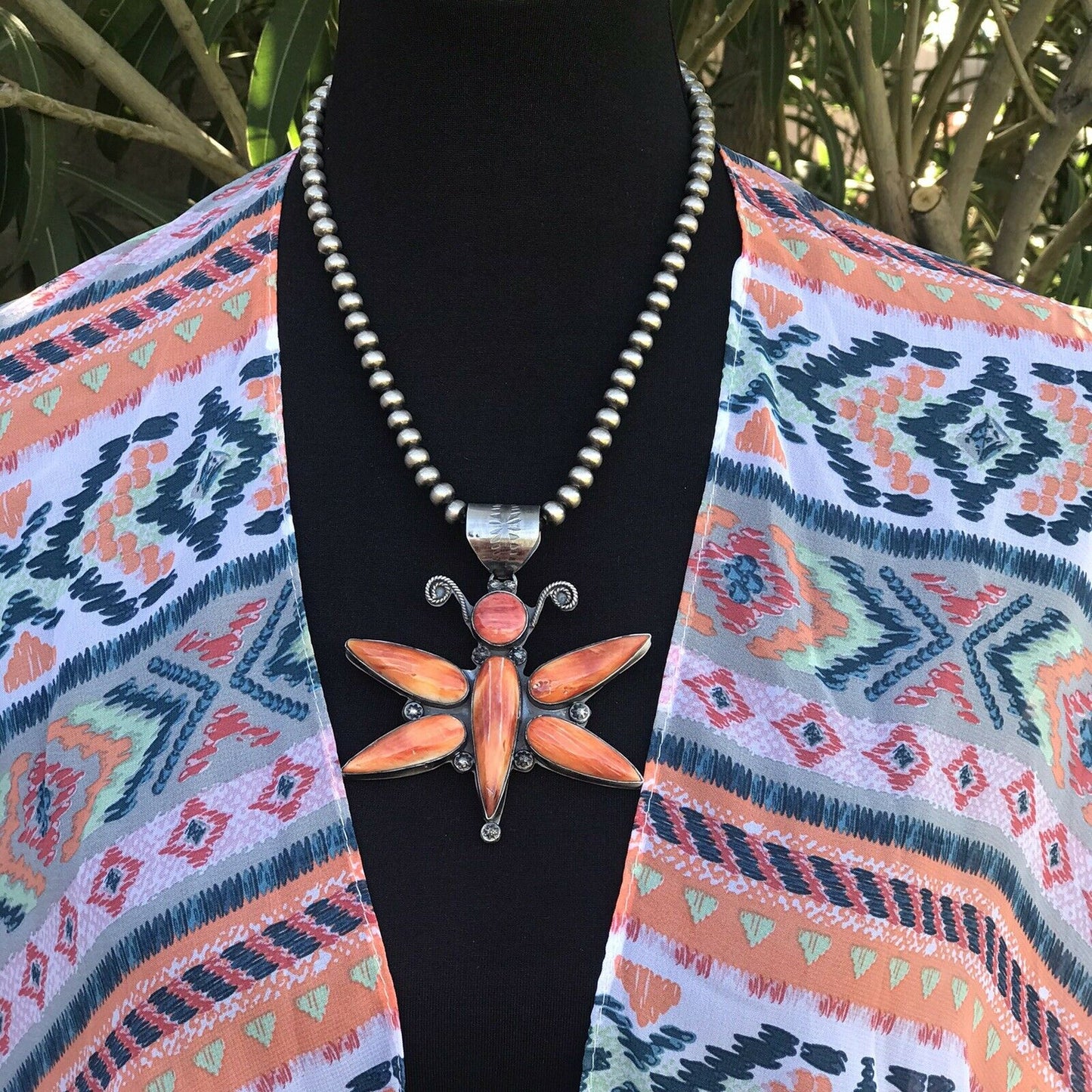 Navajo Sterling Silver Orange  Spiny Oyster Dragonfly Pendant Signed