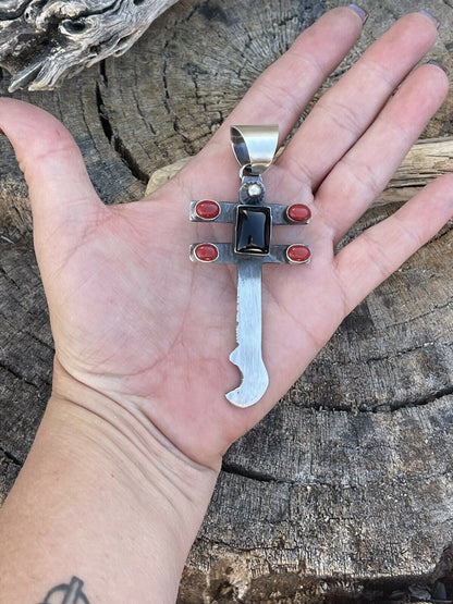 Navajo Sterling Silver Black Onyx and Coral Dragonfly Pendant By Chimney Butte