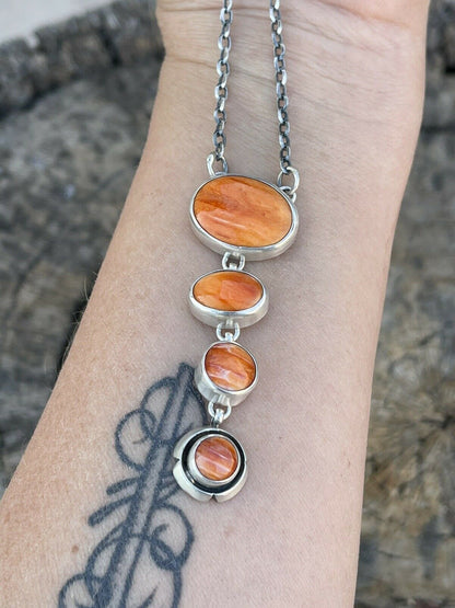 Navajo Orange Spiny Circle & Sterling Silver 4 Stone Lariat Necklace