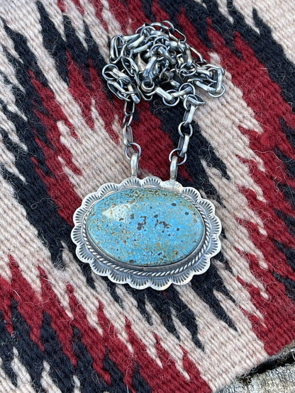 Navajo Sterling Silver & Royston Turquoise Stone Southwest Necklace Signed