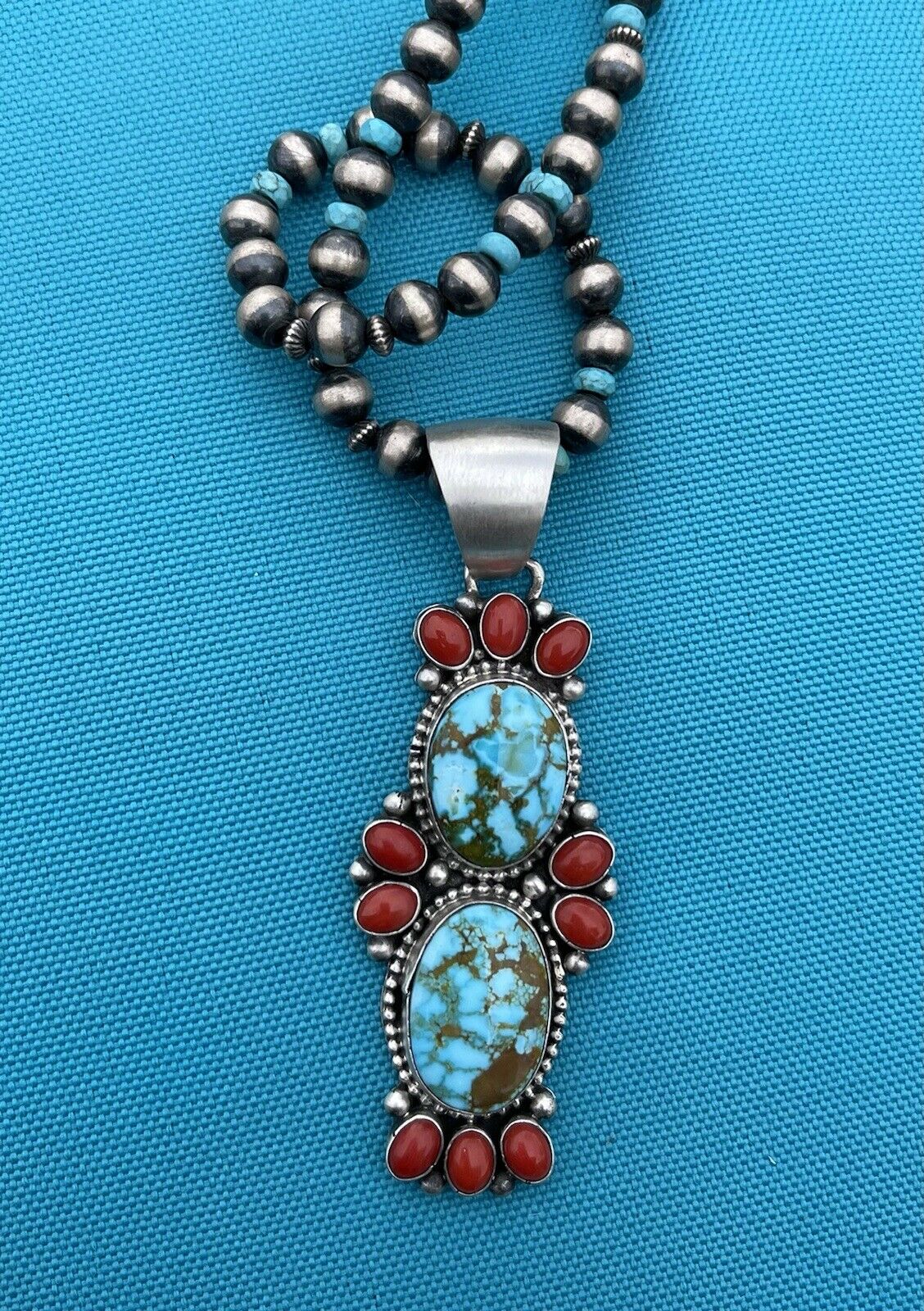 Navajo Sterling Kingman Web Turquoise & Red Coral Taos Pendant Bea Tom