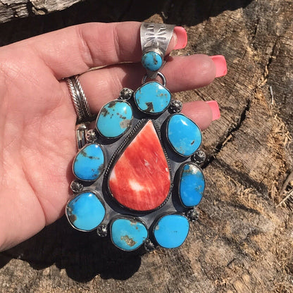 Navajo Sterling Silver Spiny Oyster And Kingman Turquoise Pendant