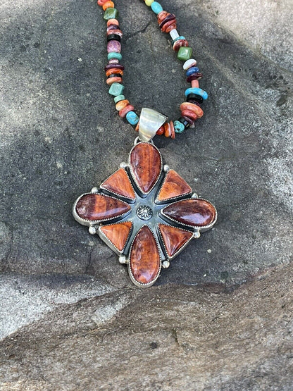 Navajo Sterling Silver Orange Spiny  Jumbo Cluster Pendant