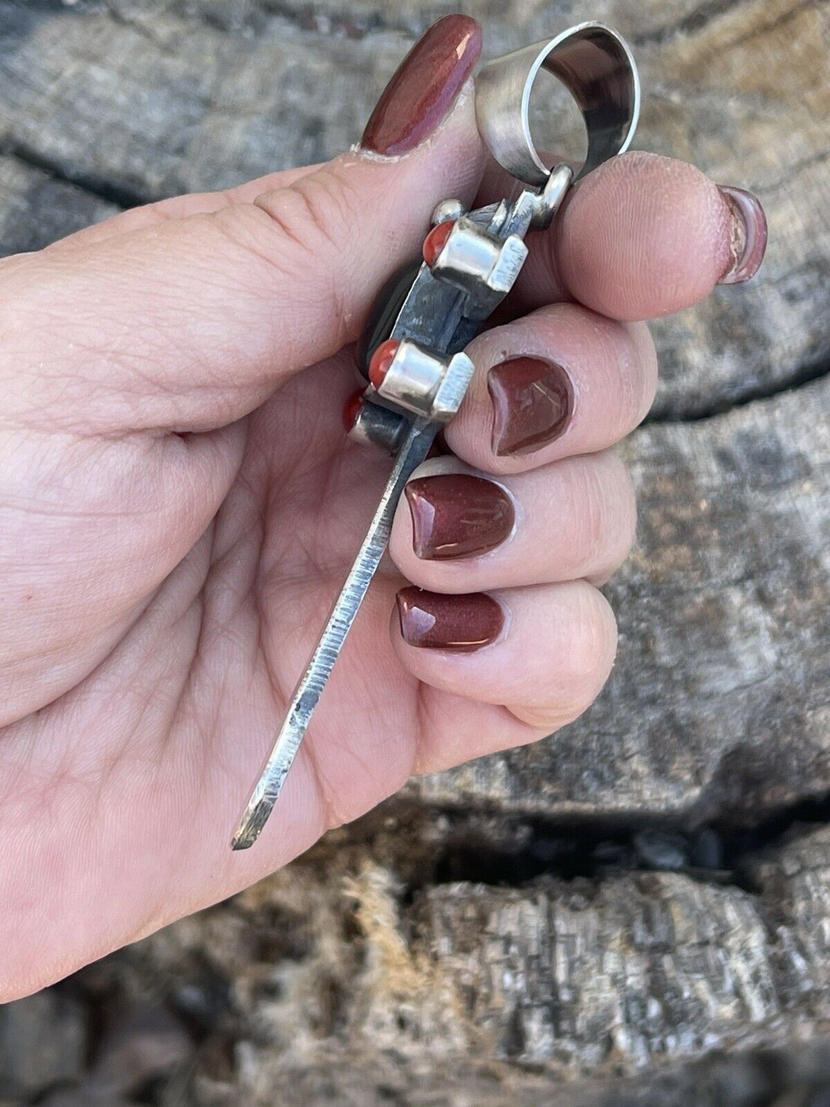 Navajo Sterling Silver Black Onyx and Coral Dragonfly Pendant By Chimney Butte