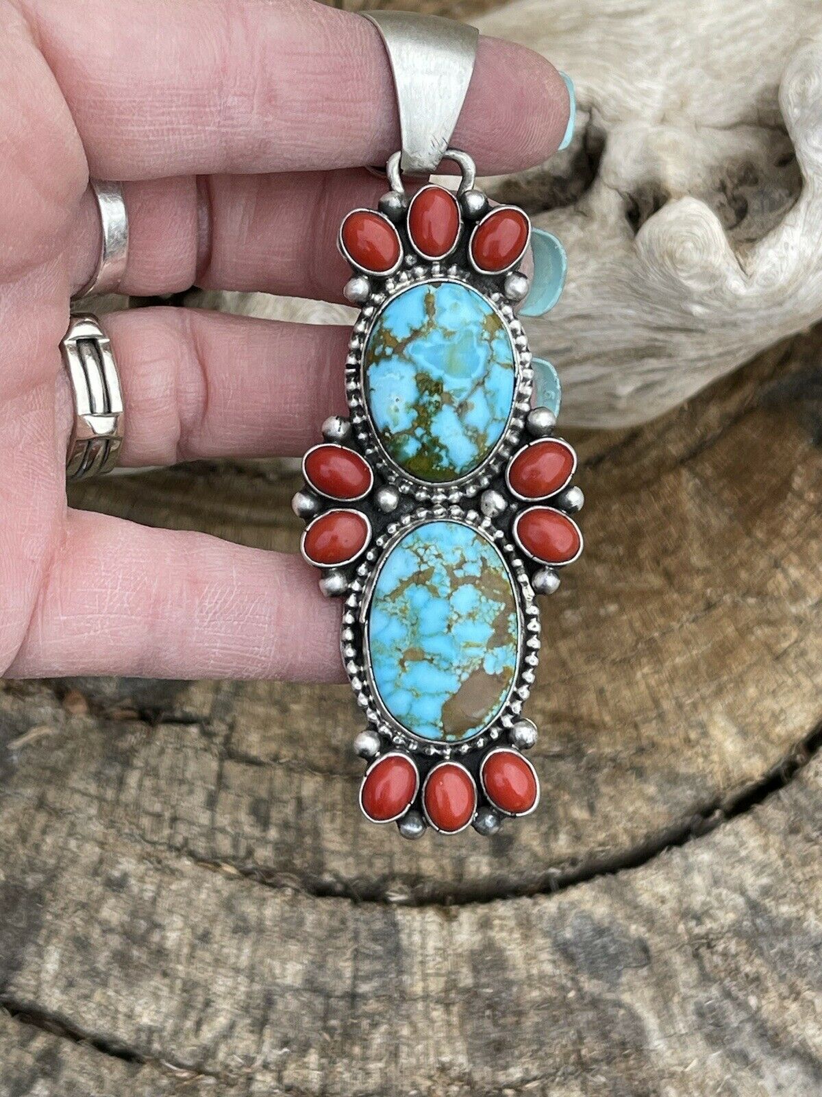 Navajo Sterling Kingman Web Turquoise & Red Coral Taos Pendant Bea Tom