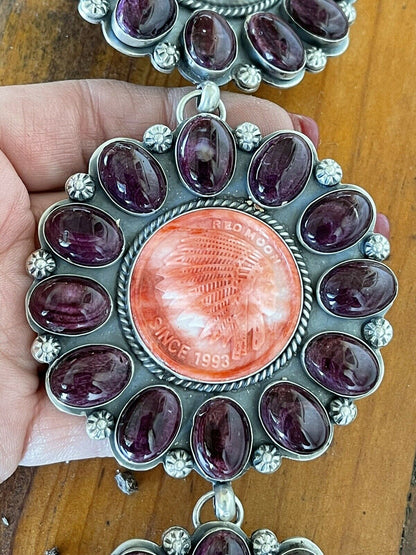 Stunning Navajo Sterling Indian Chief Orange & Purple Spiny Turquoise Necklace