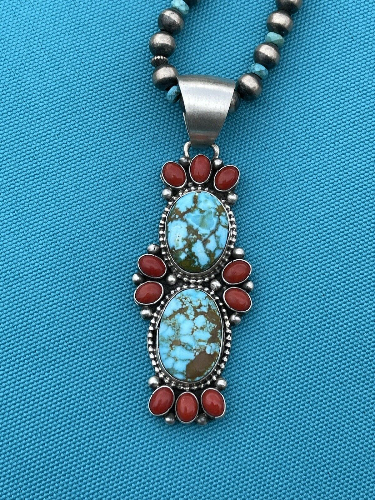 Navajo Sterling Kingman Web Turquoise & Red Coral Taos Pendant Bea Tom