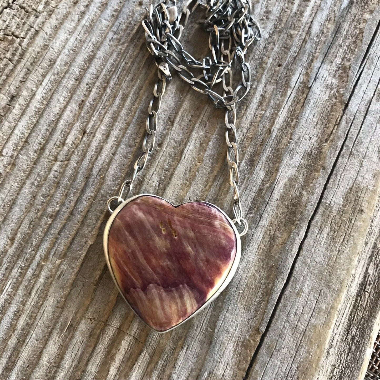 Navajo Purple Spiny And Sterling Silver Heart Necklace Signed