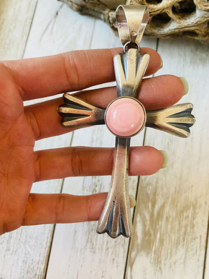 Navajo Queen Pink Conch Shell & Sterling Silver Cross Pendant By Chimney Butte