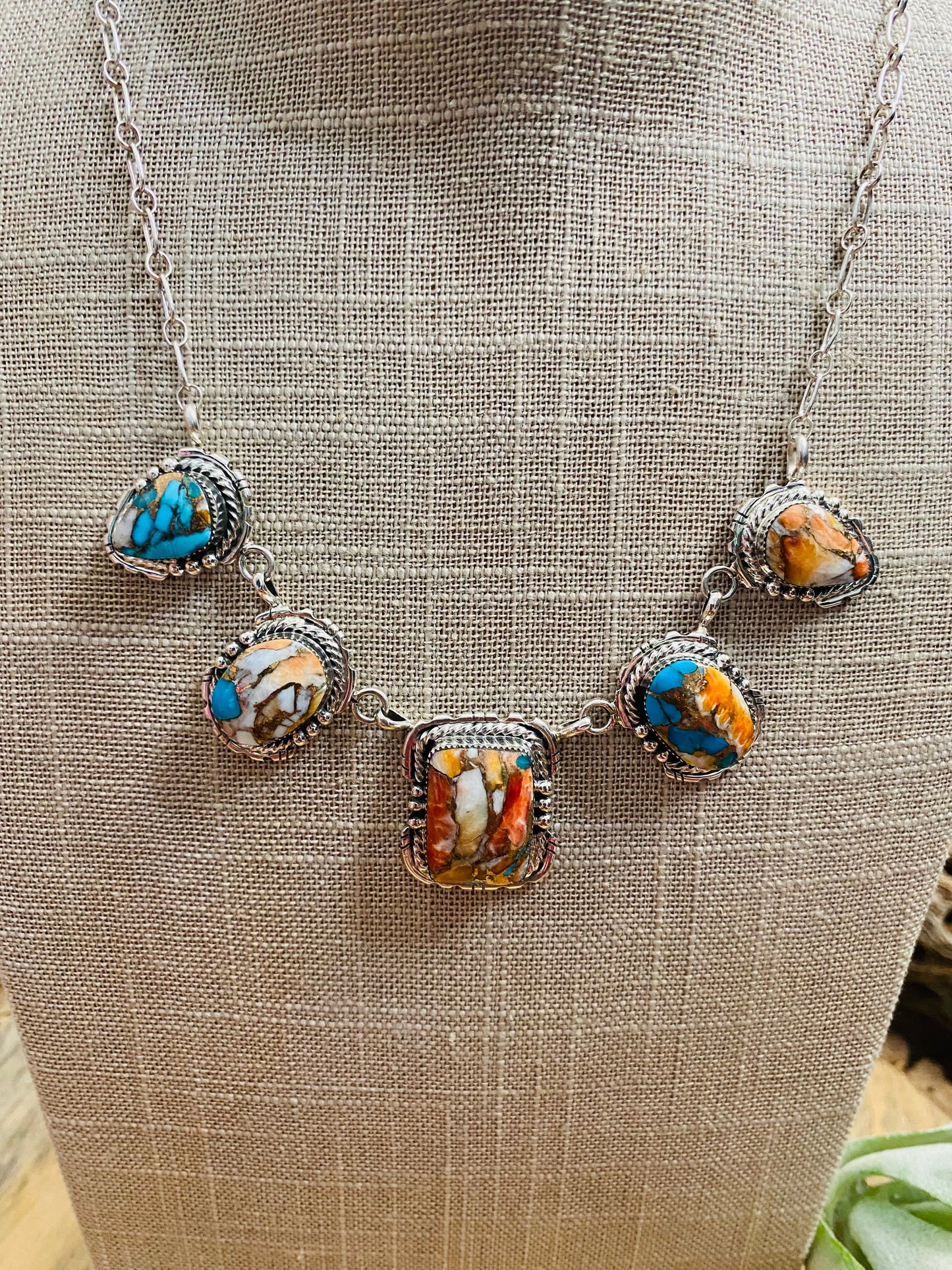 Navajo Multi Stone Spice & Sterling Silver Lariat Necklace Signed