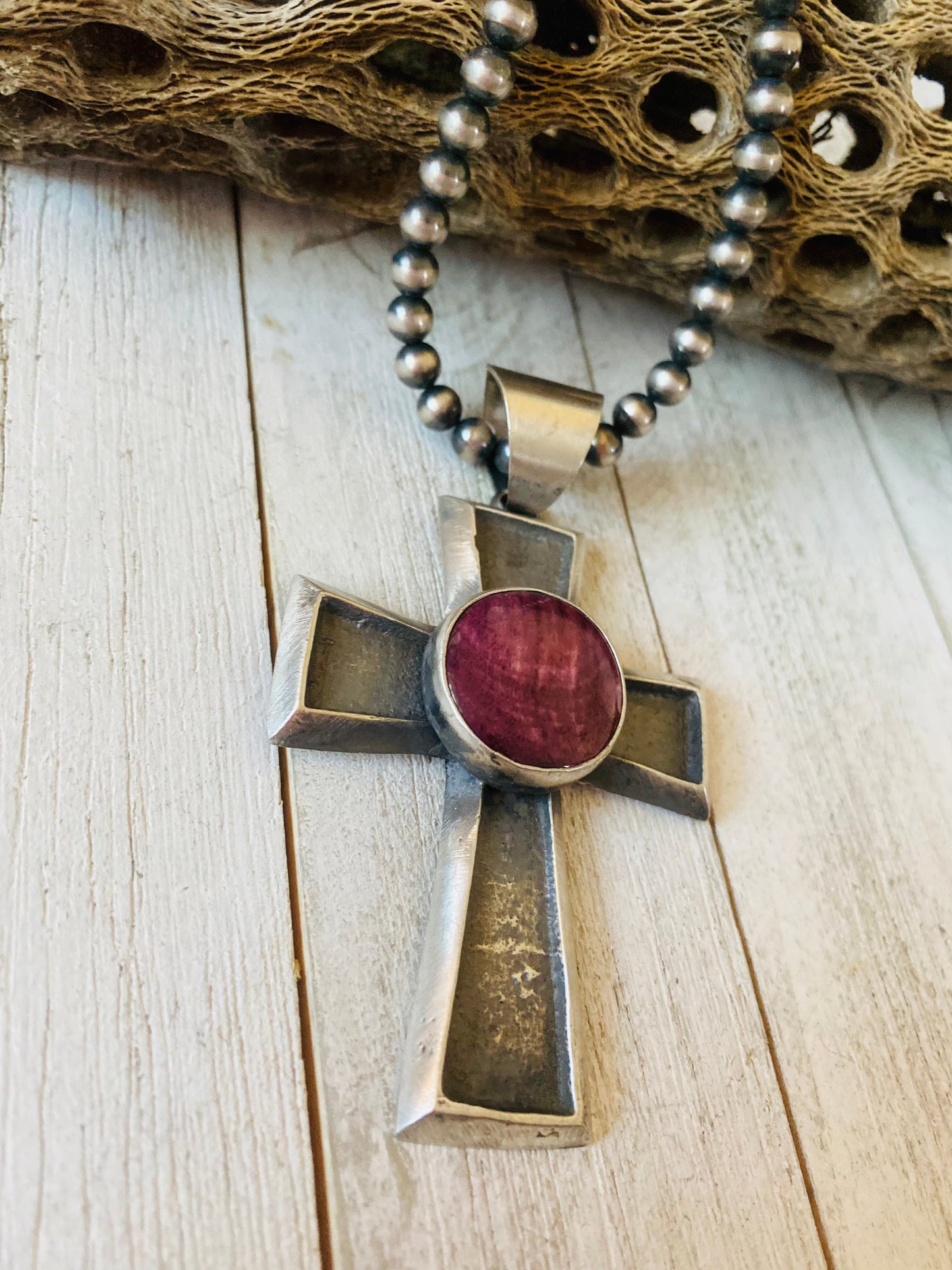 Navajo Queen Purple Spiny & Sterling Silver Cross Pendant By Chimney Butte