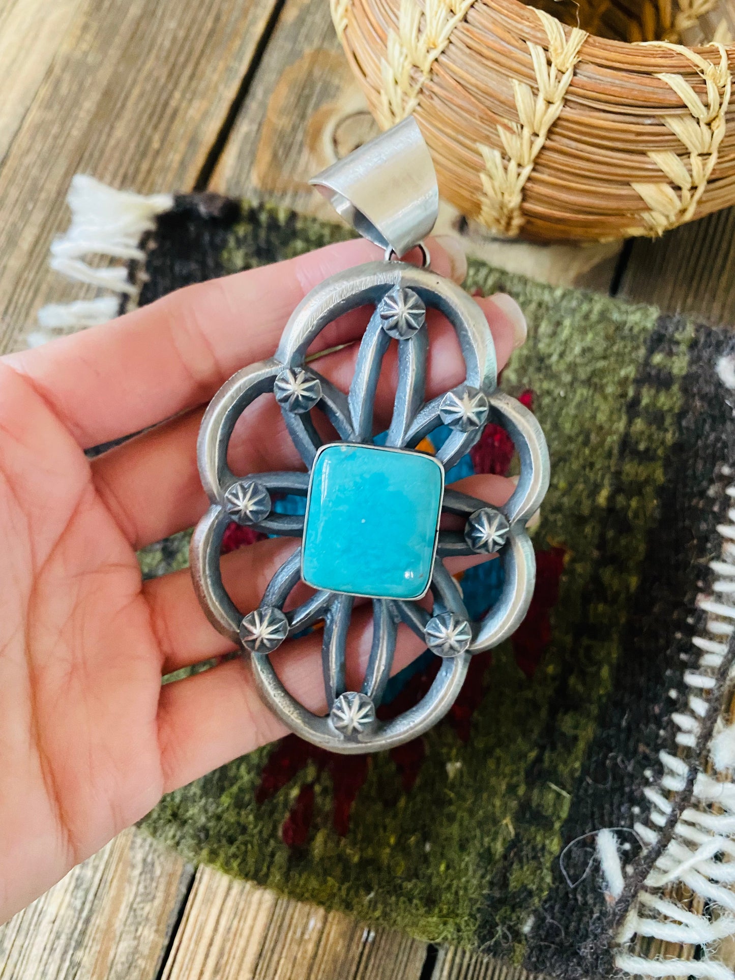 Navajo Sterling Silver & Turquoise Pendant By Chimney Butte