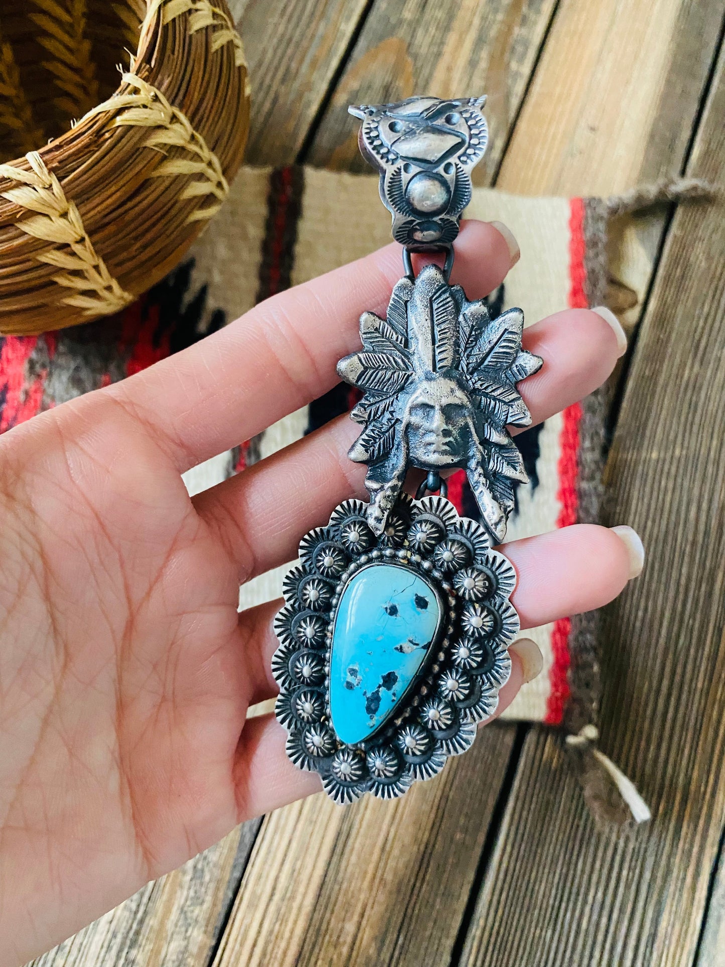 Navajo Sterling Kingman Turquoise & Sterling Silver Indian Chief Pendant