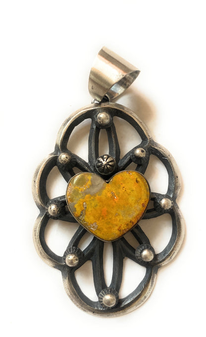 Navajo Sterling Silver & Bumblebee Heart Pendant By Chimney Butte