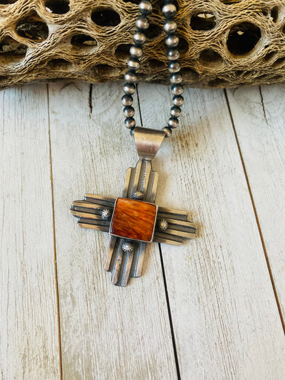 Navajo Orange Spiny & Sterling Silver Zia Cross Pendant By Chimney Butte