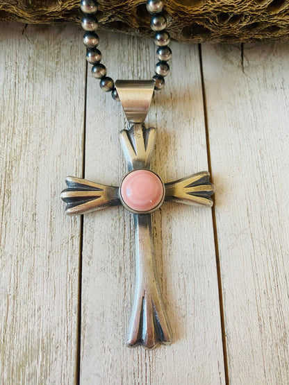 Navajo Queen Pink Conch Shell & Sterling Silver Cross Pendant By Chimney Butte