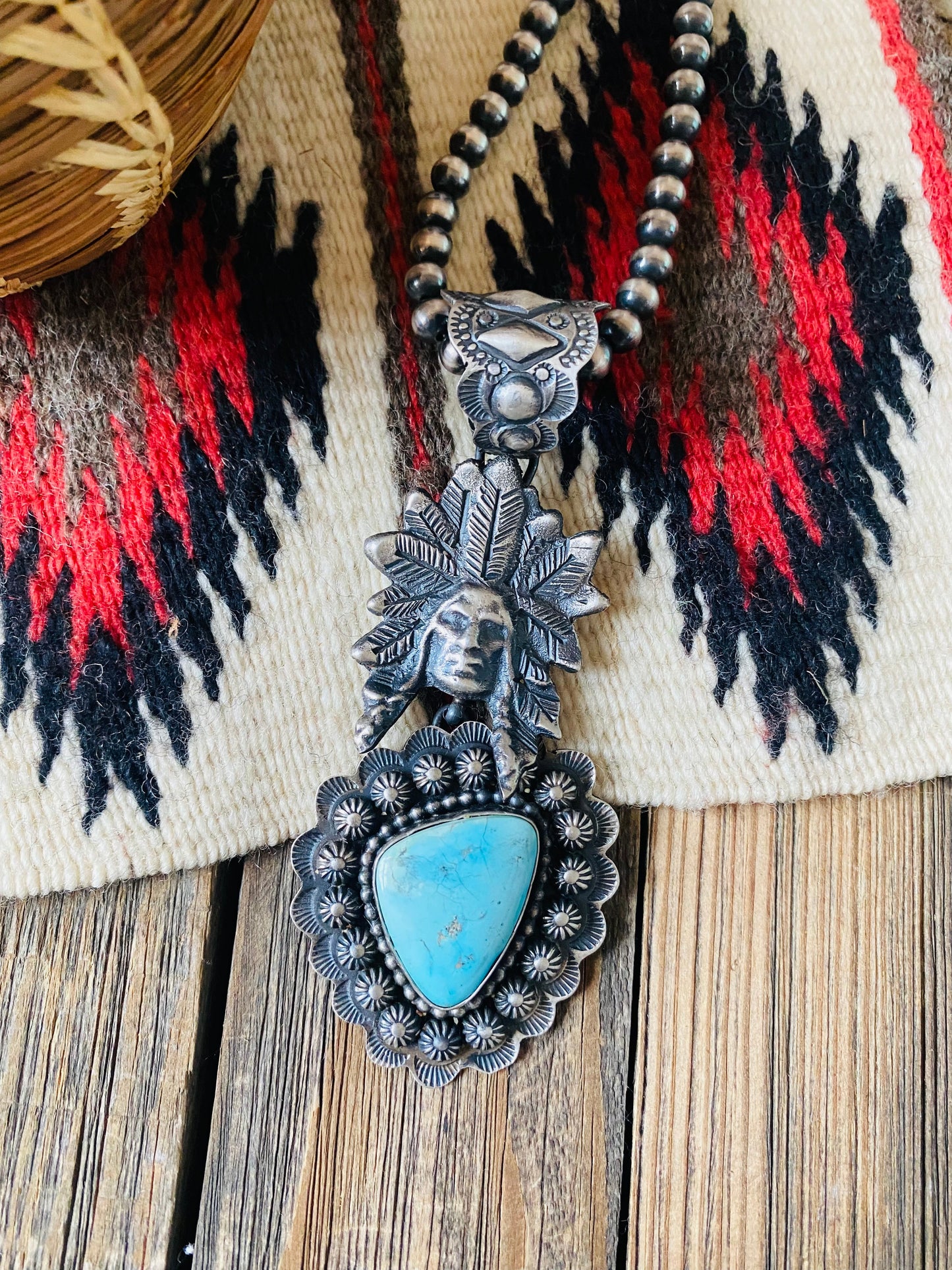 Navajo Sterling Kingman Turquoise & Sterling Silver Indian Chief Pendant