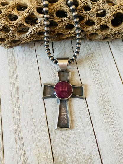 Navajo Queen Purple Spiny & Sterling Silver Cross Pendant By Chimney Butte