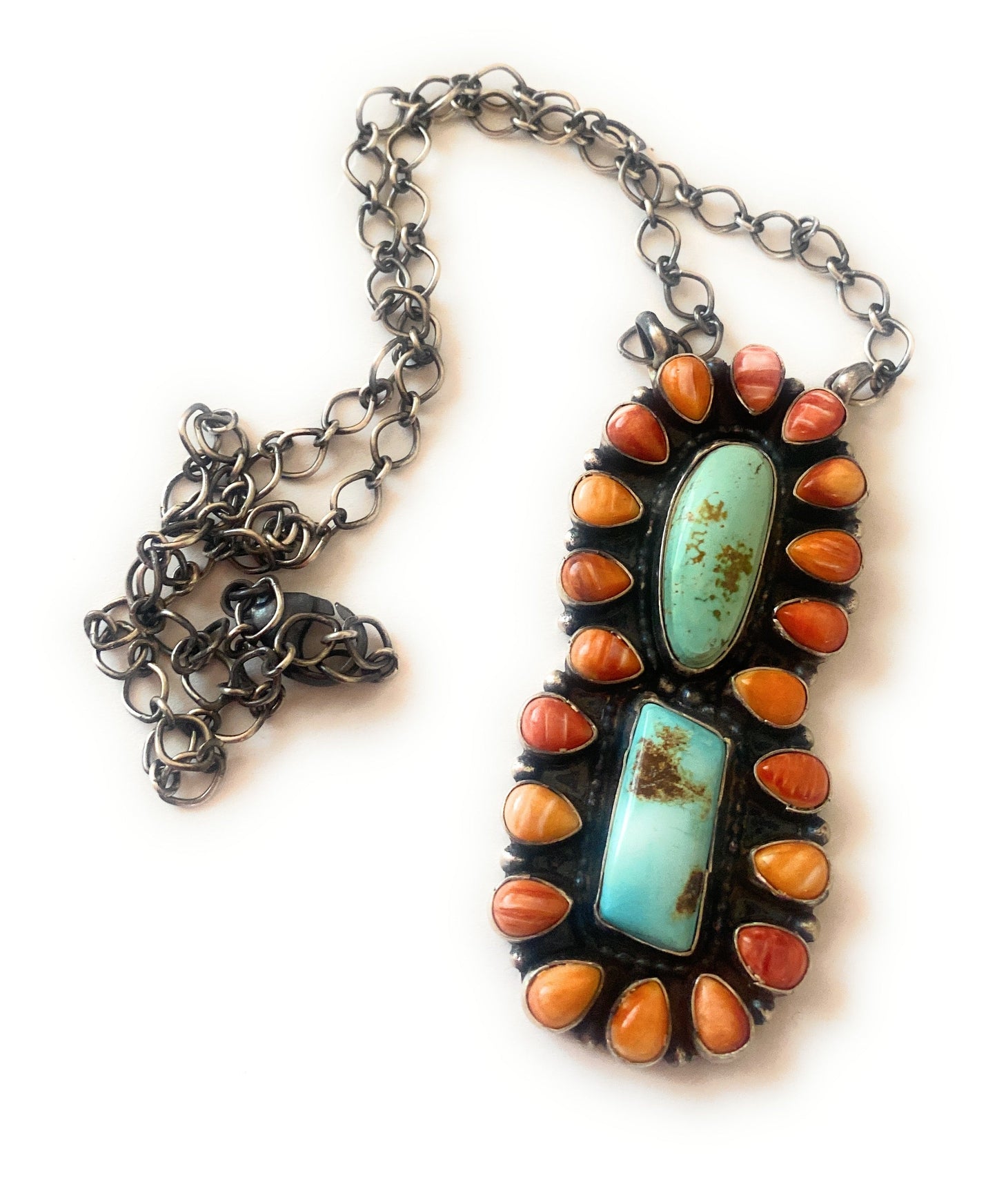 Navajo Sterling Silver, Spiny & Royston Turquoise Cluster Necklace