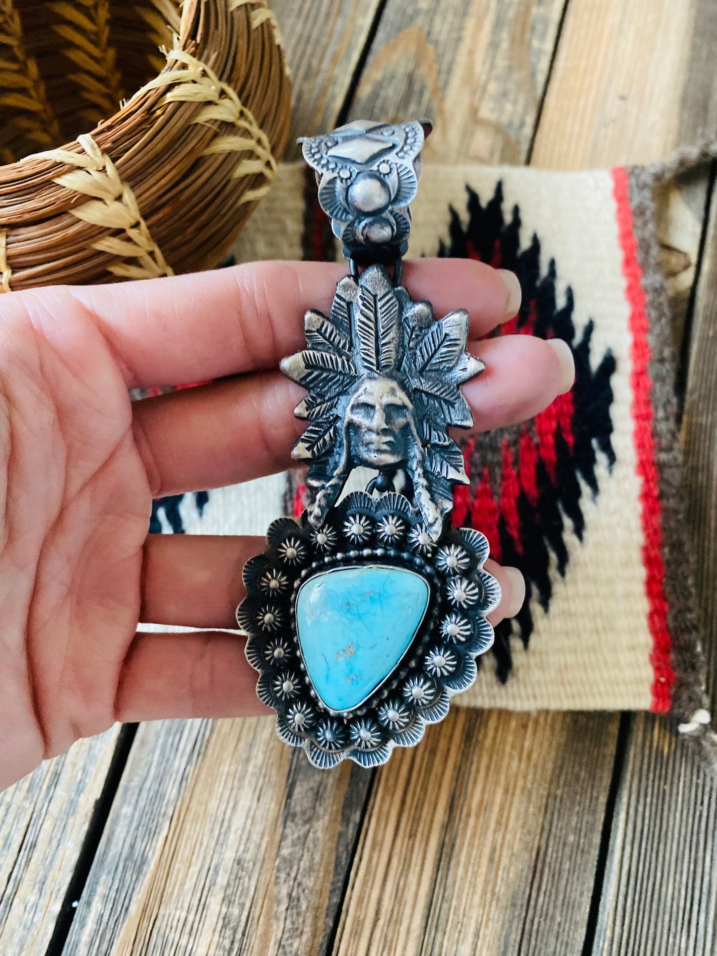 Navajo Sterling Kingman Turquoise & Sterling Silver Indian Chief Pendant