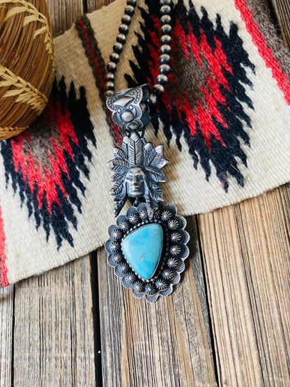 Navajo Sterling Kingman Turquoise & Sterling Silver Indian Chief Pendant