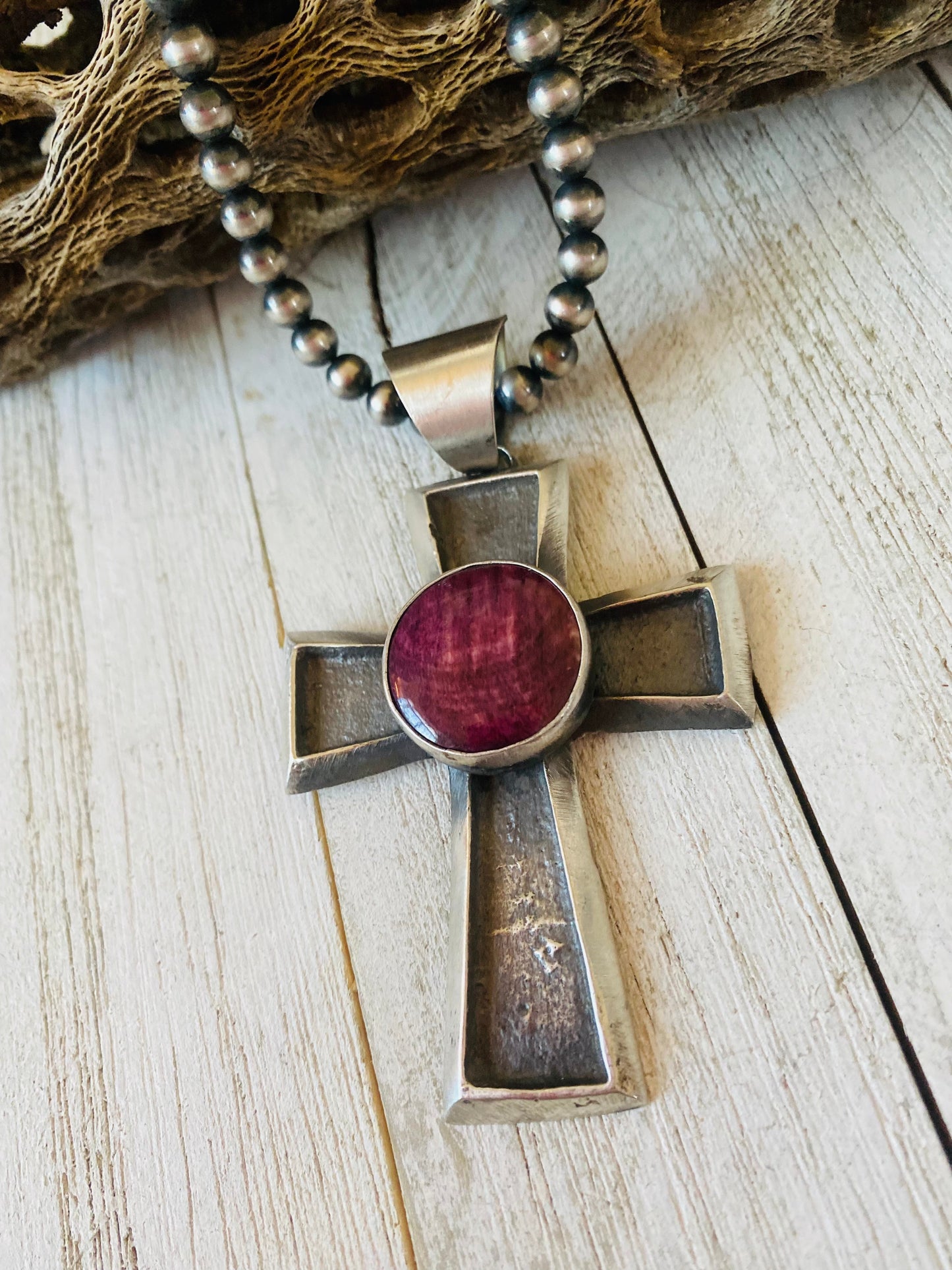 Navajo Queen Purple Spiny & Sterling Silver Cross Pendant By Chimney Butte