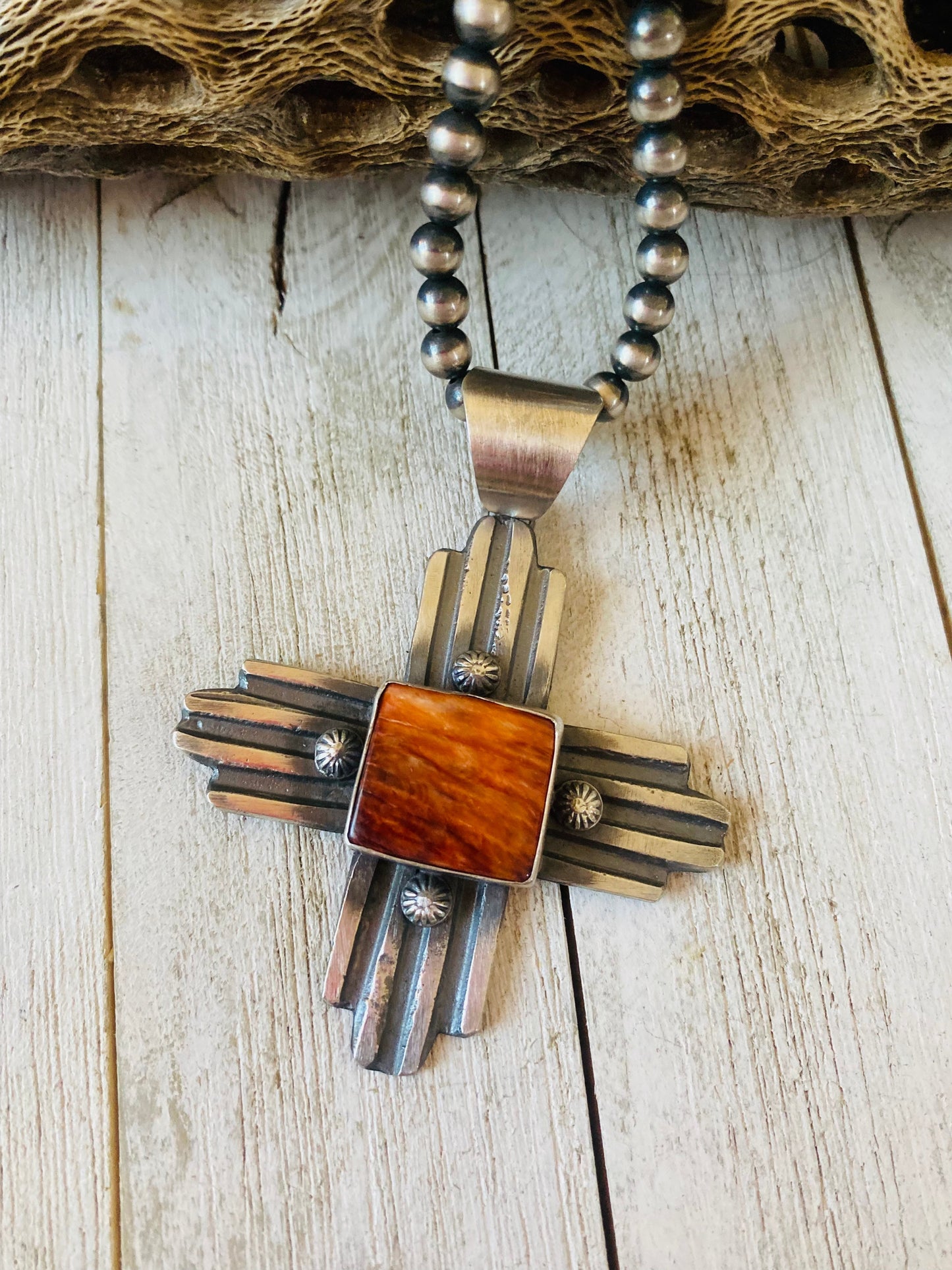 Navajo Orange Spiny & Sterling Silver Zia Cross Pendant By Chimney Butte