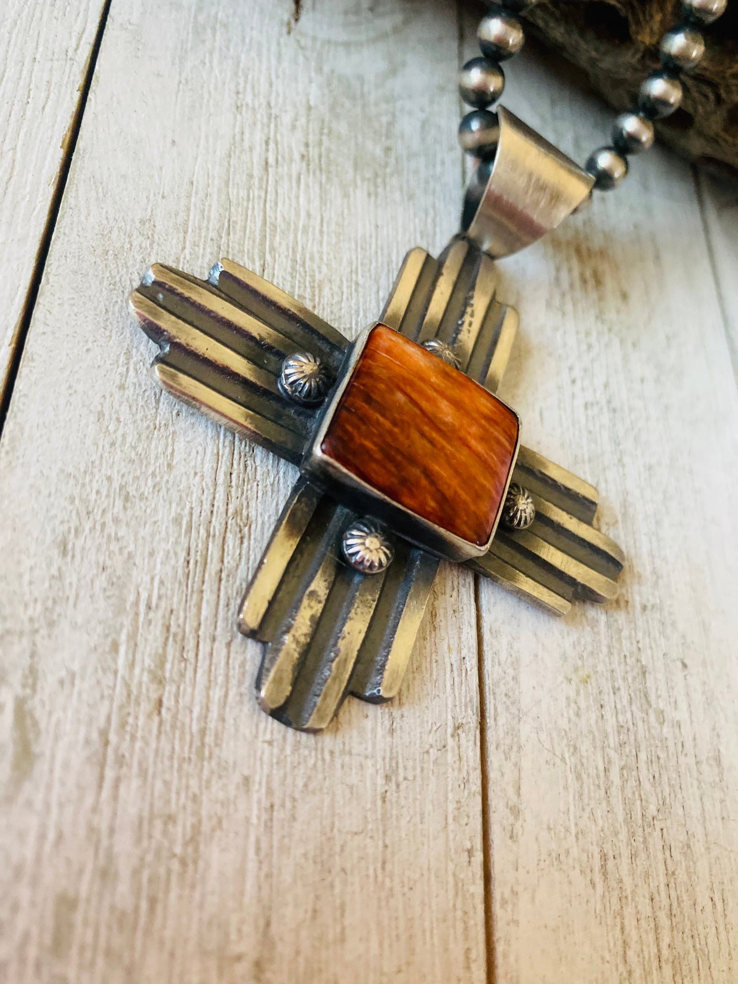 Navajo Orange Spiny & Sterling Silver Zia Cross Pendant By Chimney Butte